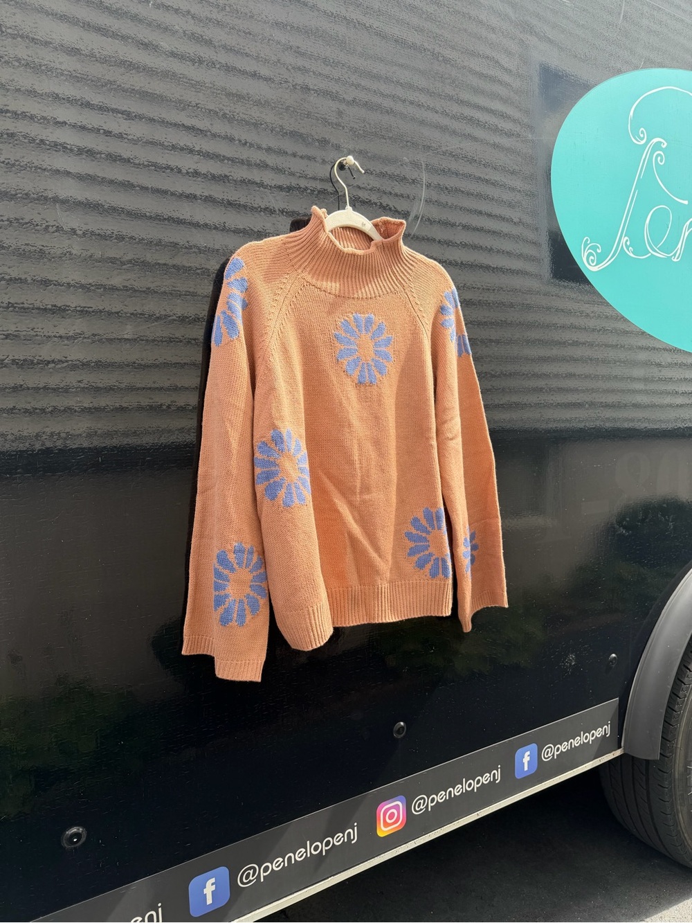 Tan Turtleneck Sweater with Blue Daisy Pattern